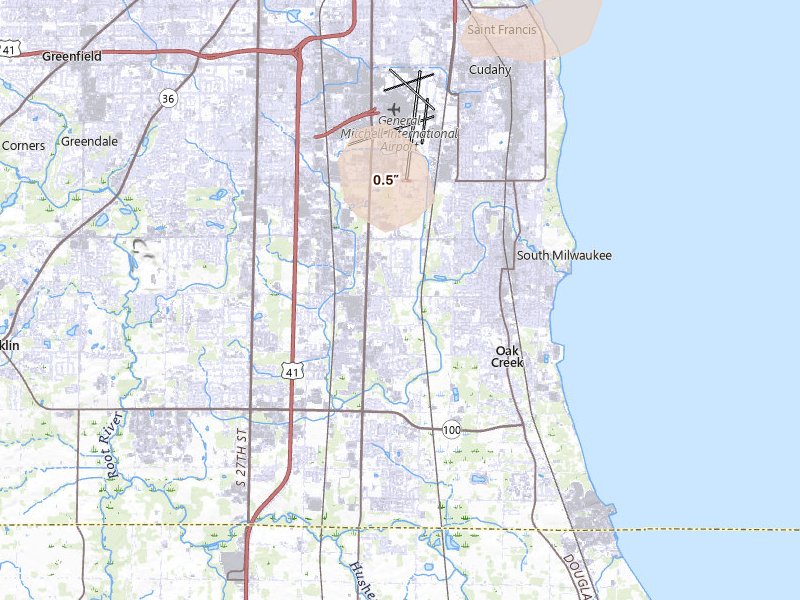Radar-estimated hail-size map of the storm over Oak Creek, WI on Jun 10, 2026