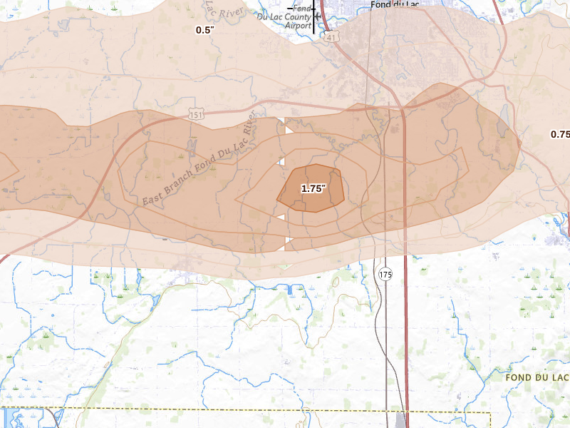 Radar-estimated hail-size map of the storm over Oakfield, WI on Jul 1, 2026