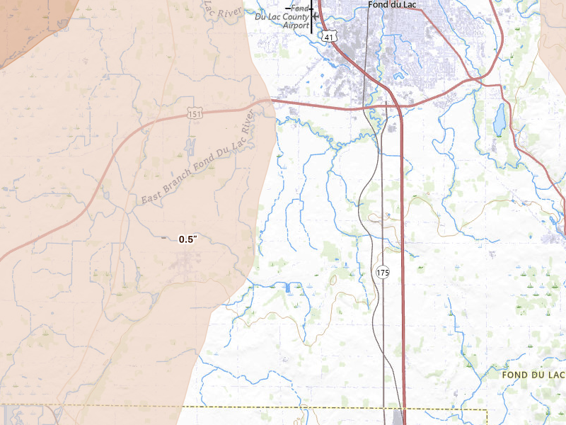 Radar-estimated hail-size map of the storm over Oakfield, WI on Jul 27, 2026
