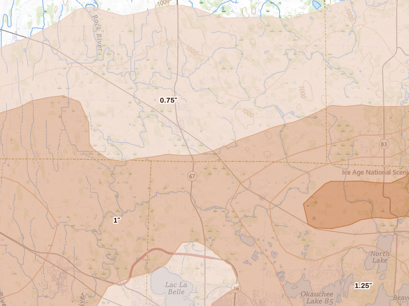 Radar-estimated hail-size map of the storm over Oconomowoc, WI