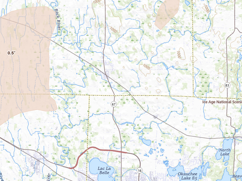 Radar-estimated hail-size map of the storm over Oconomowoc, WI on Apr 17, 2026