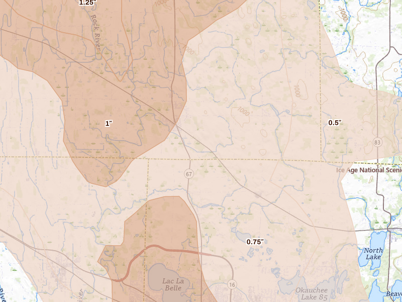 Radar-estimated hail-size map of the storm over Oconomowoc, WI on Jul 27, 2026