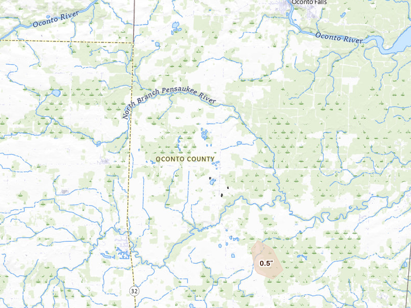 Radar-estimated hail-size map of the storm over Oconto Falls, WI on Jul 26, 2026