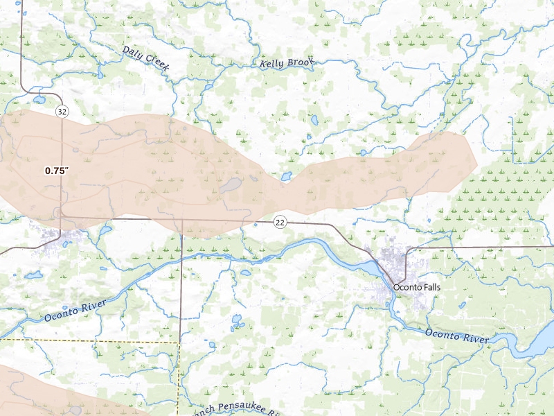 Radar-estimated hail-size map of the storm over Oconto Falls, WI on Sep 3, 2026
