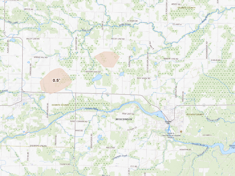 Radar-estimated hail-size map of the storm over Oconto Falls, WI