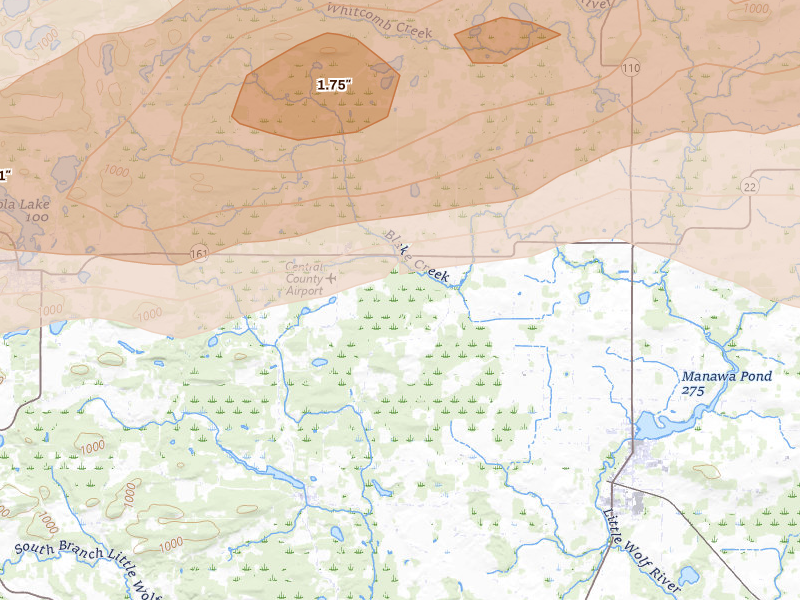 Radar-estimated hail-size map of the storm over Ogdensburg, WI on Apr 13, 2026