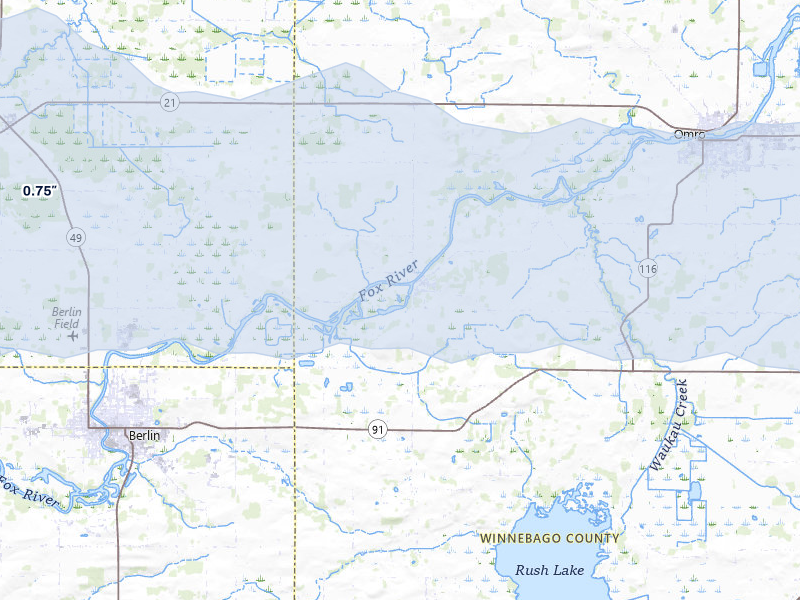 NEXRAD radar-signature map of the hail over Omro, WI