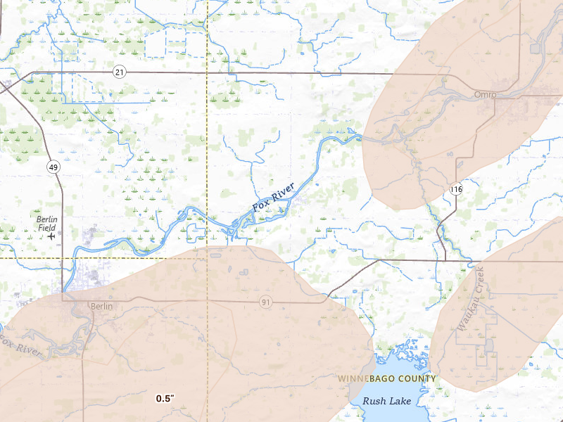 Radar-estimated hail-size map of the storm over Omro, WI on Jul 1, 2026
