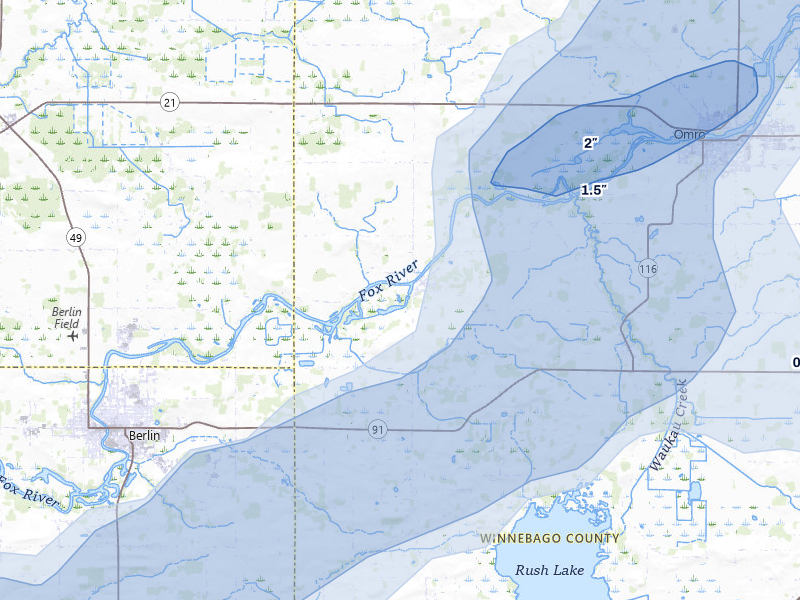 NEXRAD radar-signature map of the hail storm over Omro, WI on Jul 1, 2026
