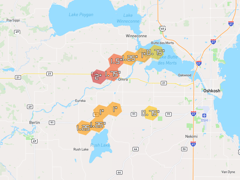 Hail map of Omro, WI on Jul 1, 2026, hail up to 2"