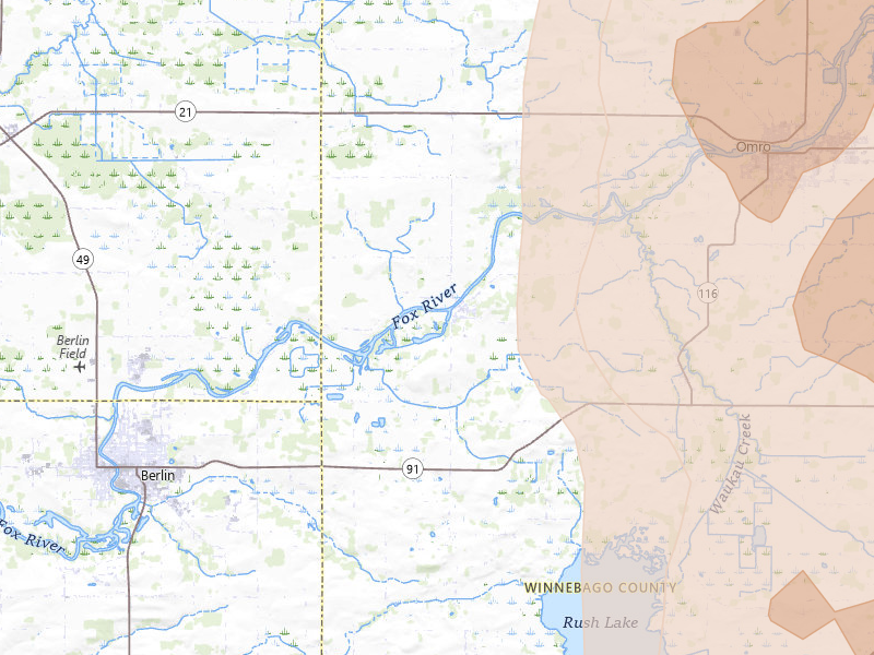 Radar-estimated hail-size map of the storm over Omro, WI on Jul 27, 2026