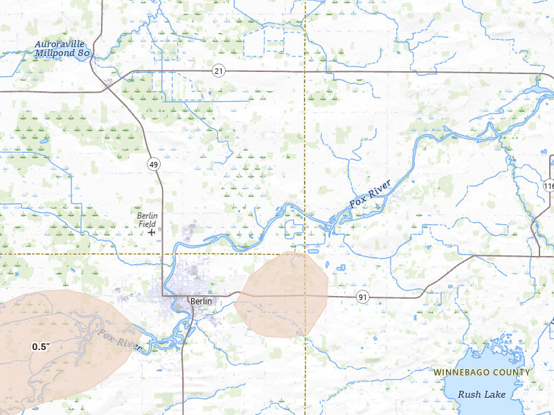 Radar-estimated hail-size map of the storm over Omro, WI on Sep 1, 2026