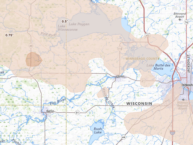 Radar-estimated hail-size map of the storm over Omro, WI on Sep 3, 2026