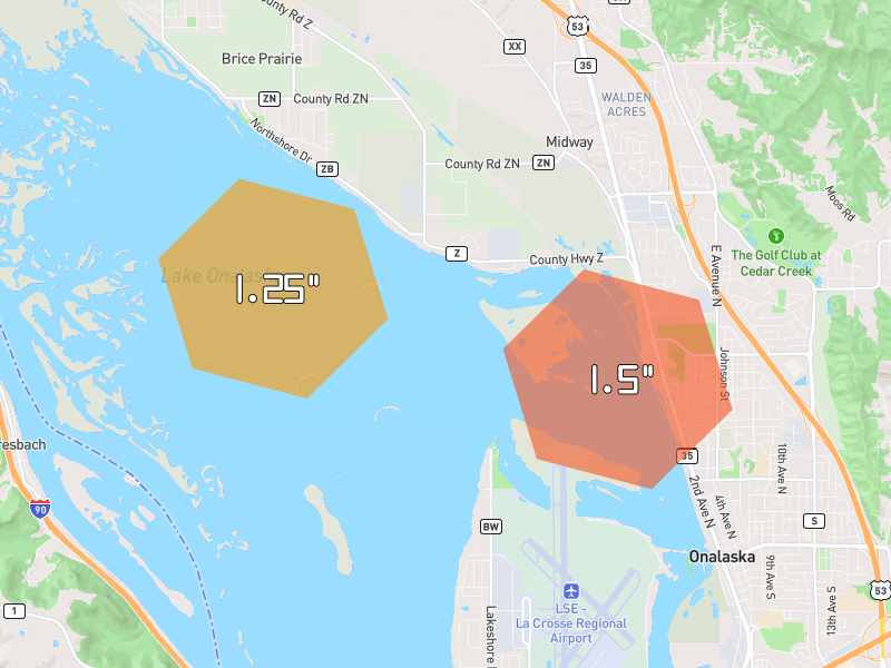 Hail map of Onalaska, WI on Jun 6, 2026, hail up to 1.5"