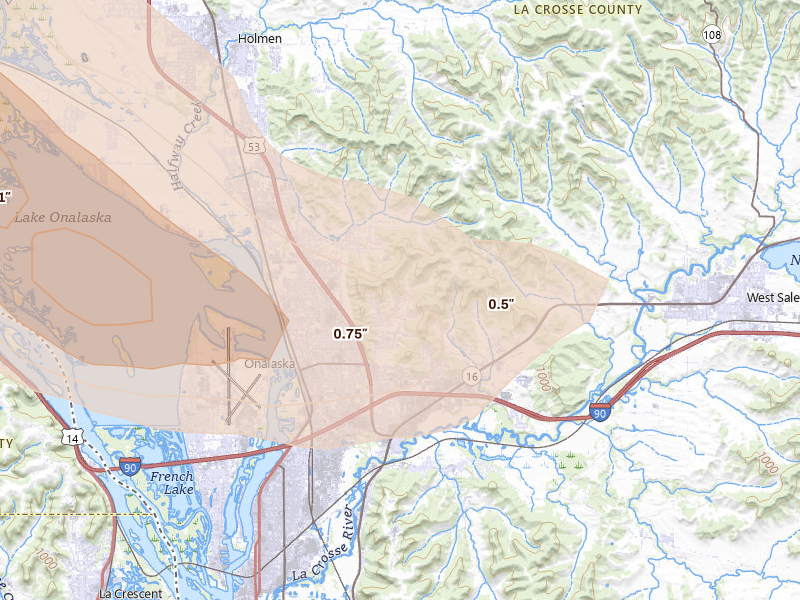 Radar-estimated hail-size map of the storm over Onalaska, WI on Aug 18, 2026
