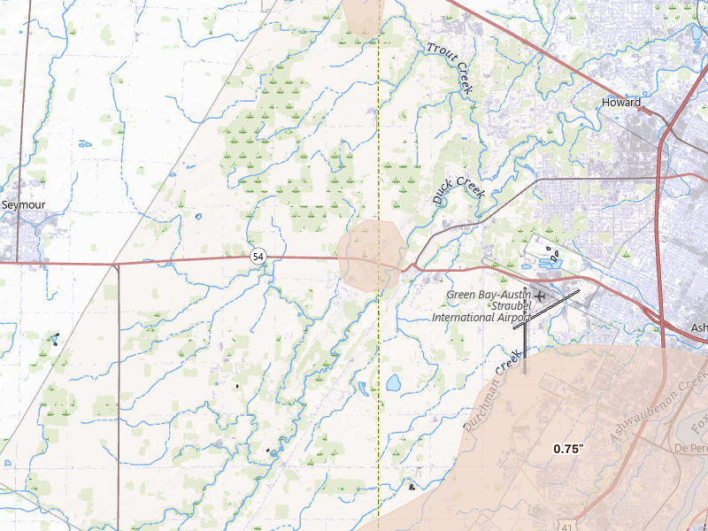 Radar-estimated hail-size map of the storm over Oneida, WI on Jun 16, 2026