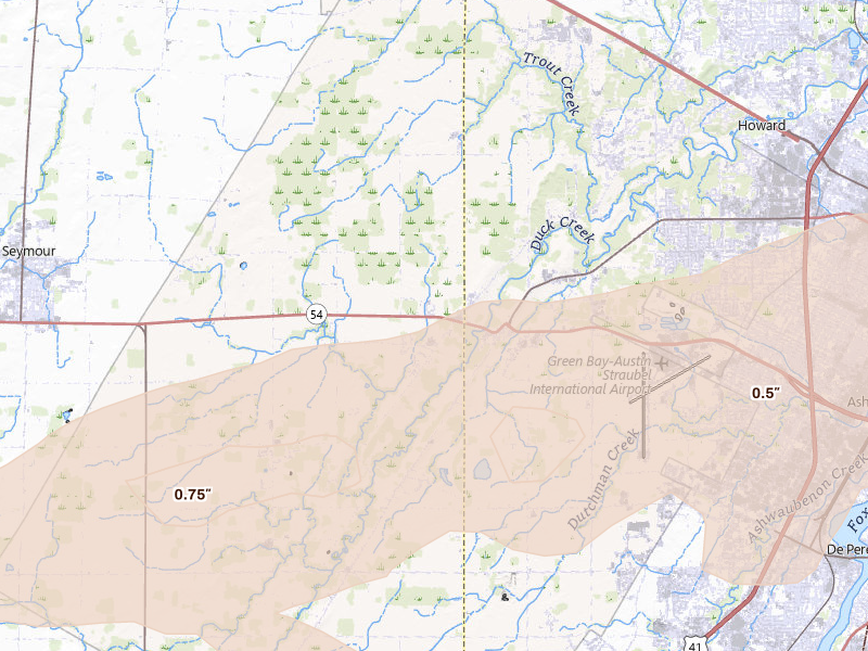 Radar-estimated hail-size map of the storm over Oneida, WI on Jun 30, 2026
