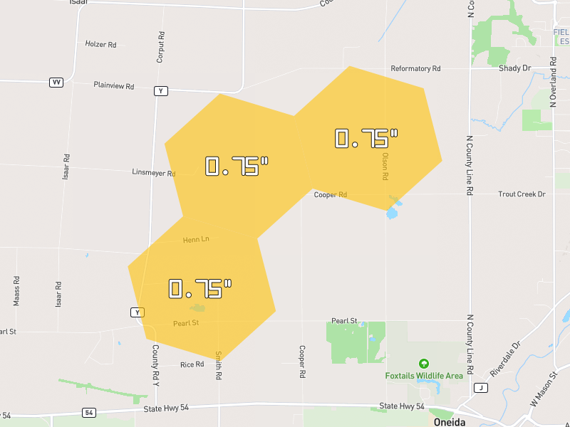 Hail map of Oneida, WI on Jul 1, 2026, hail up to 0.75"