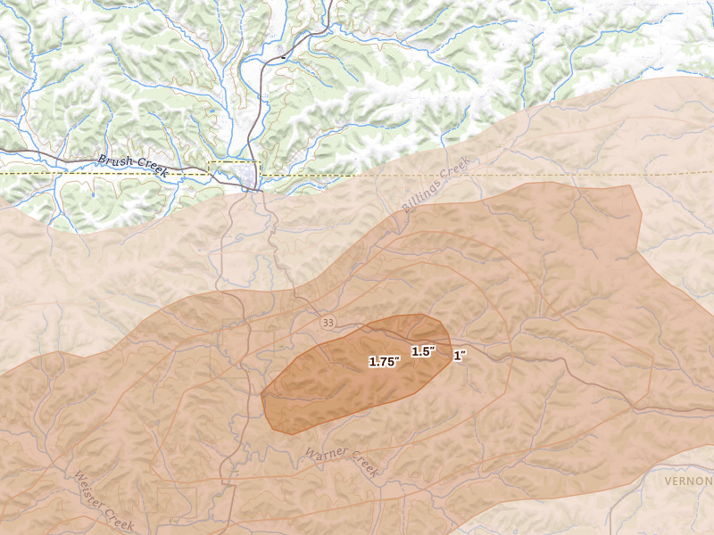 Radar-estimated hail-size map of the storm over Ontario, WI