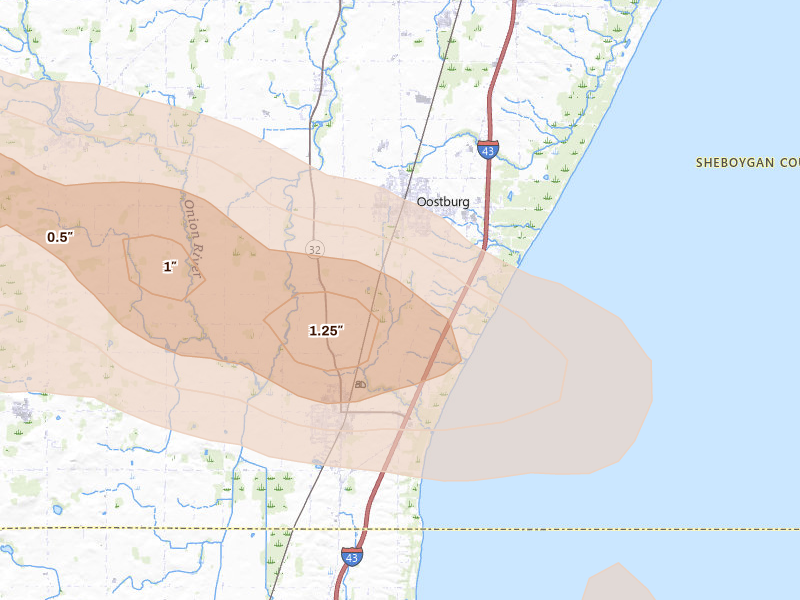 Radar-estimated hail-size map of the storm over Oostburg, WI on Sep 3, 2026