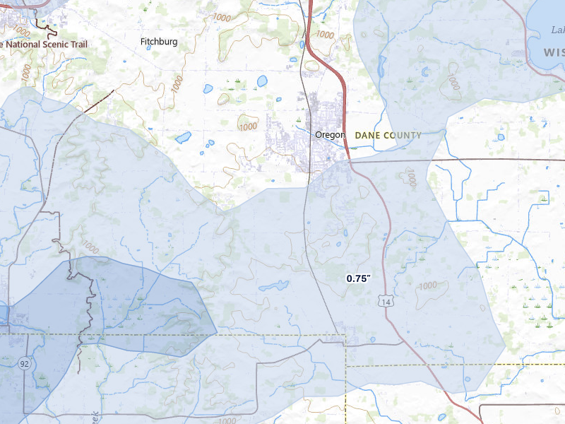 NEXRAD radar-signature map of the hail over Oregon, WI
