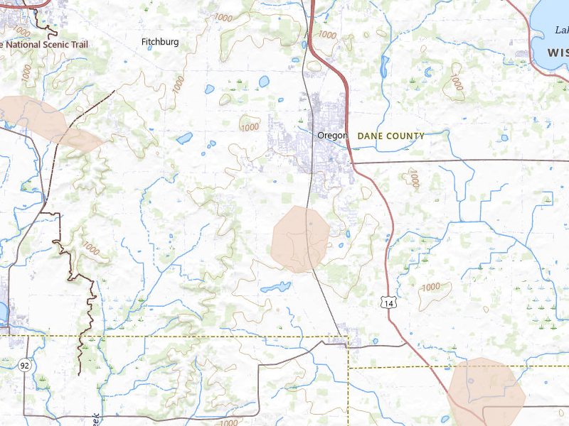 Radar-estimated hail-size map of the storm over Oregon, WI on Jun 24, 2026