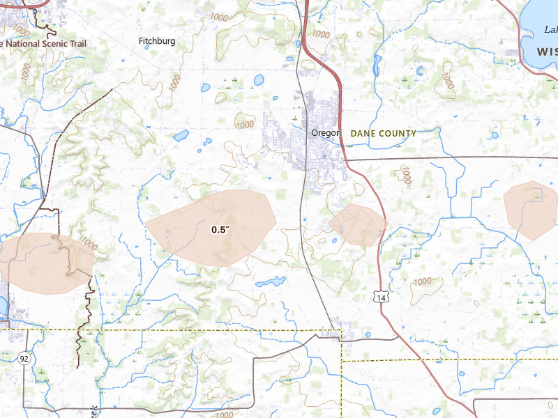Radar-estimated hail-size map of the storm over Oregon, WI on Aug 9, 2026