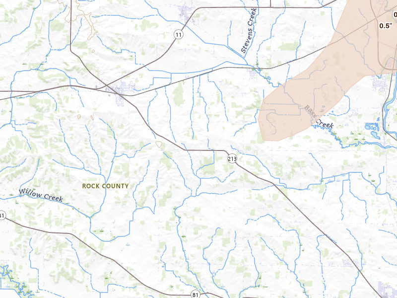 Radar-estimated hail-size map of the storm over Orfordville, WI on Apr 2, 2026