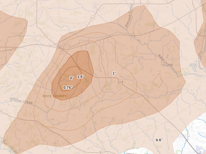 Radar-estimated hail-size map of the storm over Orfordville, WI on Apr 17, 2026