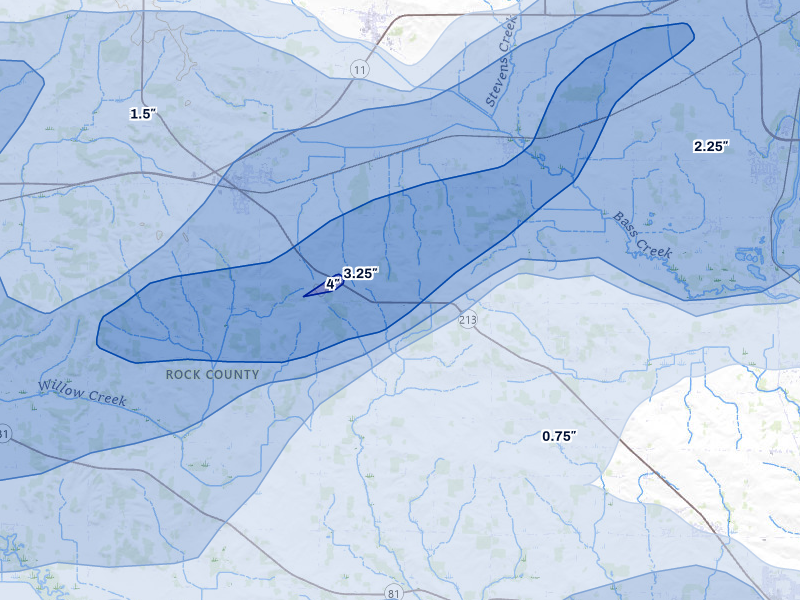 NEXRAD radar-signature map of the hail over Orfordville, WI