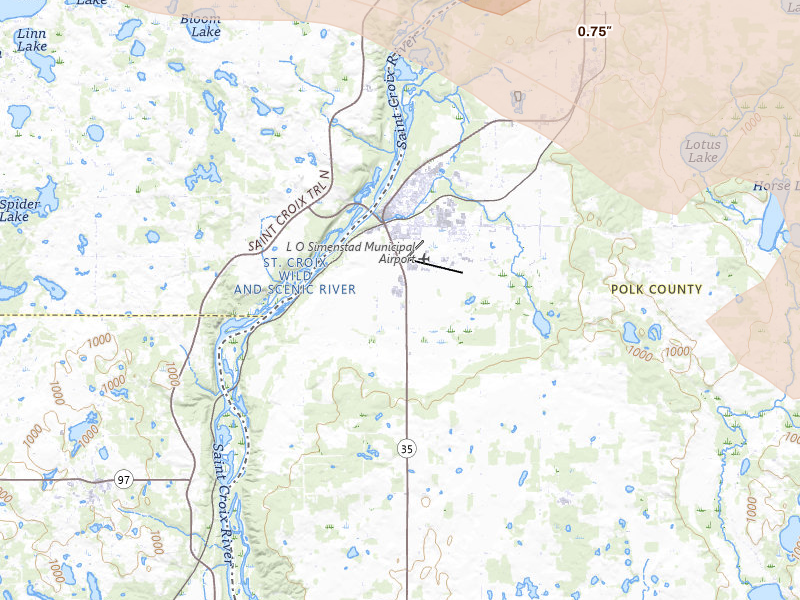 Radar-estimated hail-size map of the storm over Osceola, WI on Jun 19, 2026