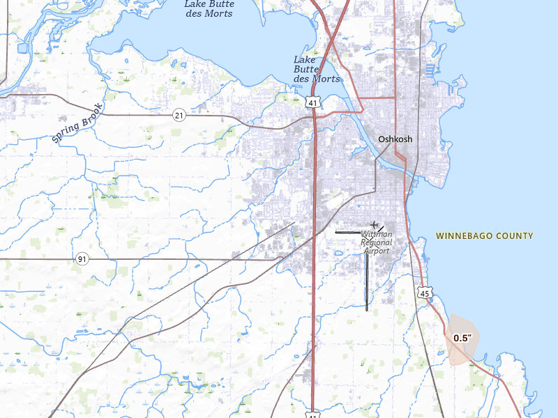 Radar-estimated hail-size map of the storm over Oshkosh, WI on Mar 31, 2026