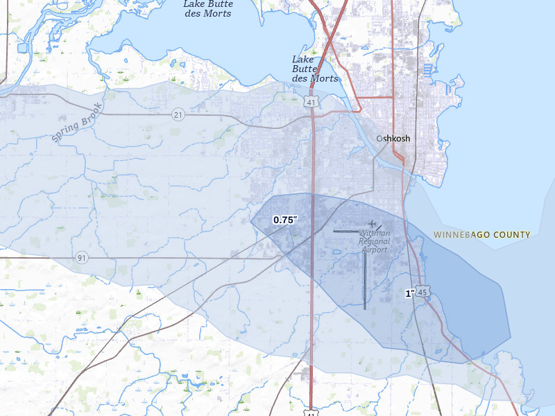 NEXRAD radar-signature map of the hail over Oshkosh, WI