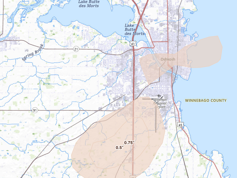 Radar-estimated hail-size map of the storm over Oshkosh, WI on Jun 16, 2026