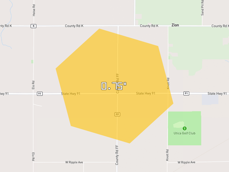 Hail map of Oshkosh, WI on Jul 1, 2026, hail up to 0.75"