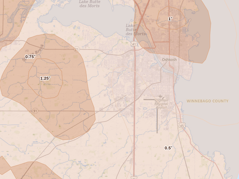 Radar-estimated hail-size map of the storm over Oshkosh, WI on Jul 27, 2026