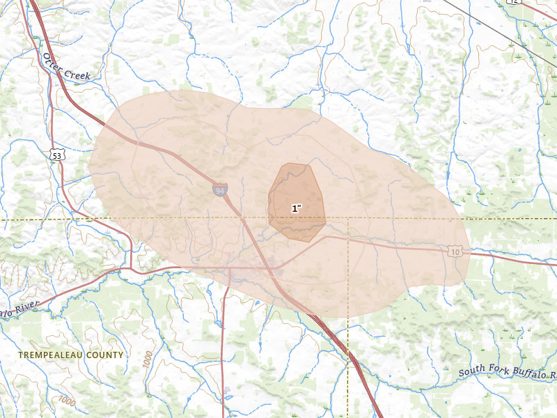 Radar-estimated hail-size map of the storm over Osseo, WI on Jun 19, 2026