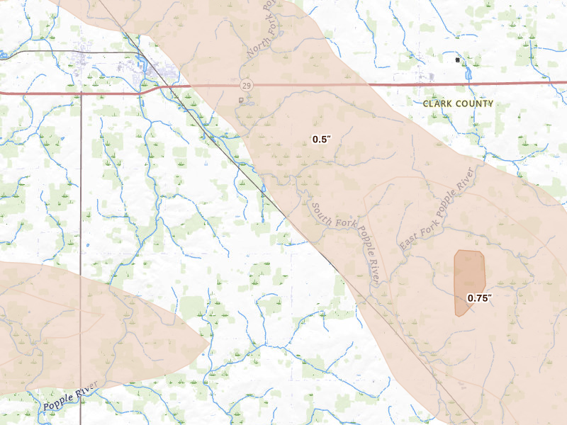Radar-estimated hail-size map of the storm over Owen, WI on Jun 24, 2026