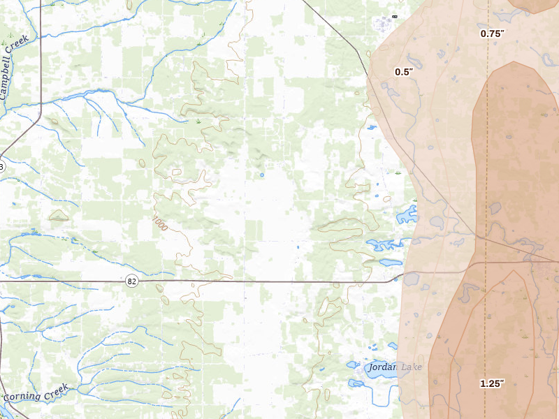 Radar-estimated hail-size map of the storm over Oxford, WI on May 27, 2026
