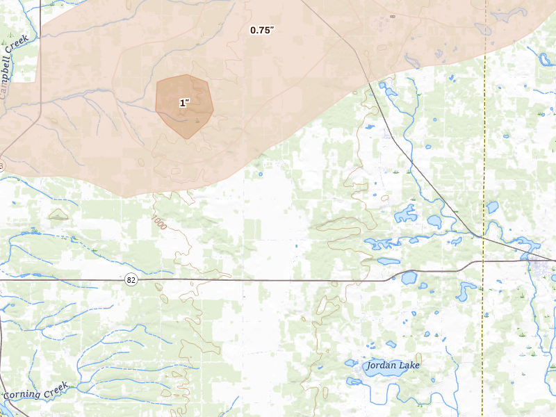 Radar-estimated hail-size map of the storm over Oxford, WI on Jun 30, 2026
