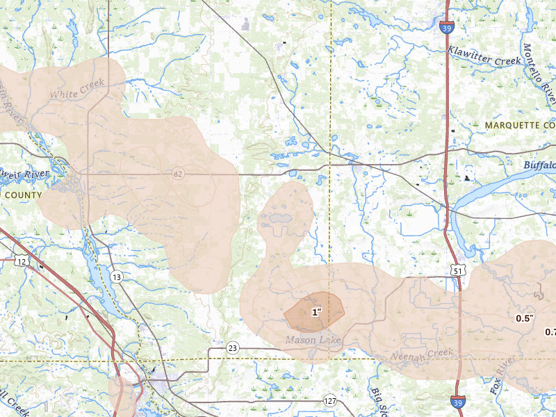Radar-estimated hail-size map of the storm over Oxford, WI on Aug 9, 2026