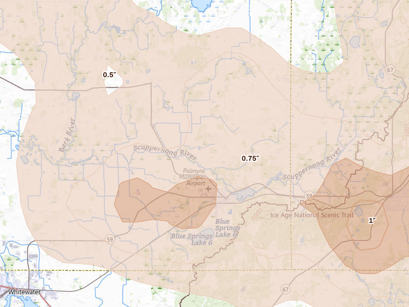 Radar-estimated hail-size map of the storm over Palmyra, WI on Jul 27, 2026