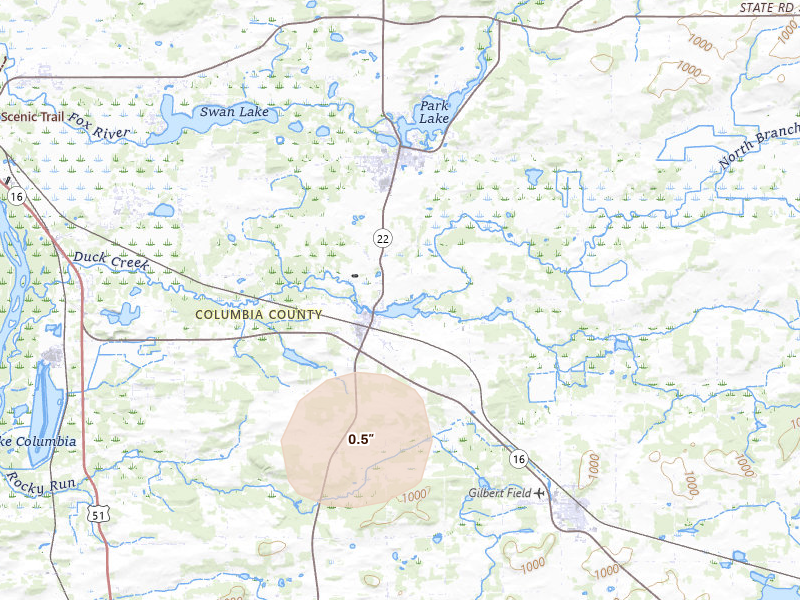 Radar-estimated hail-size map of the storm over Pardeeville, WI on May 15, 2026