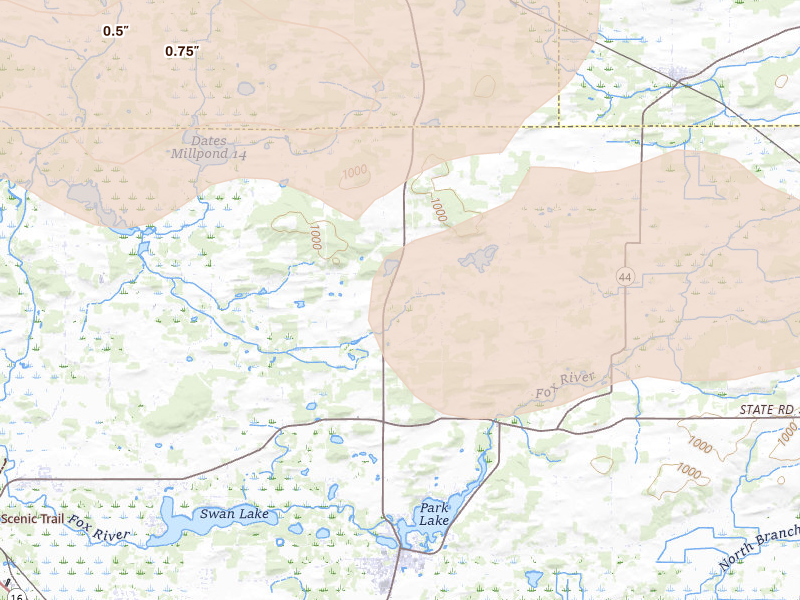 Radar-estimated hail-size map of the storm over Pardeeville, WI on Aug 9, 2026