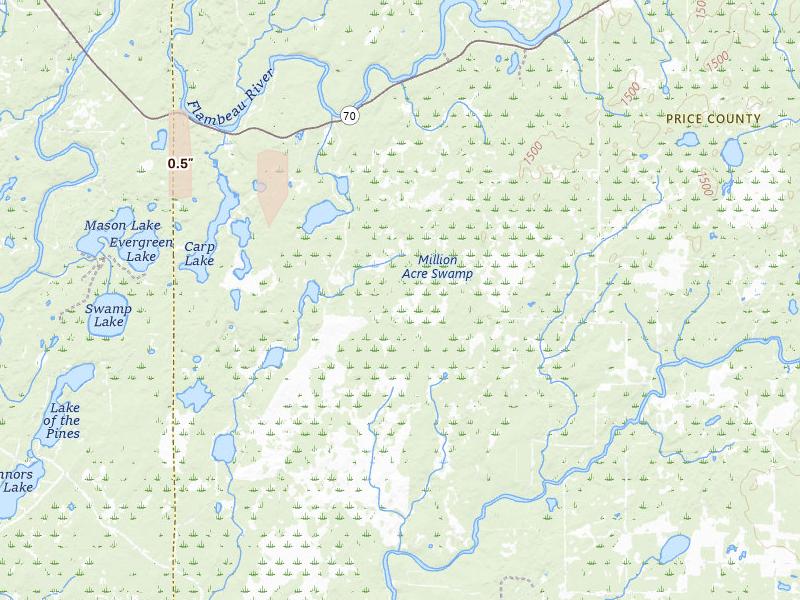 Radar-estimated hail-size map of the storm over Park Falls, WI on May 31, 2026