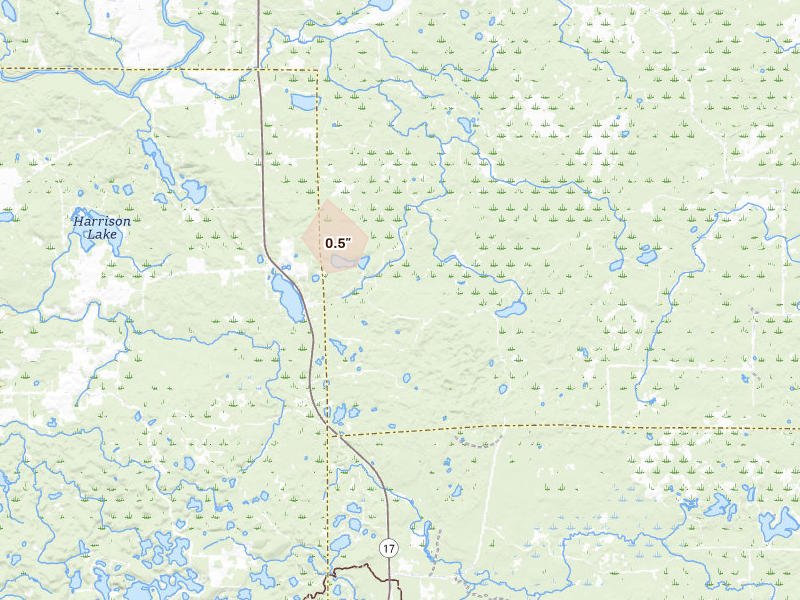 Radar-estimated hail-size map of the storm over Pelican Lake, WI on Jun 24, 2026