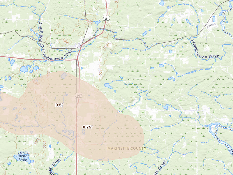 Radar-estimated hail-size map of the storm over Pembine, WI