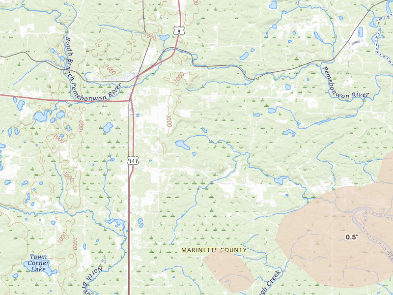 Radar-estimated hail-size map of the storm over Pembine, WI on Jun 28, 2026