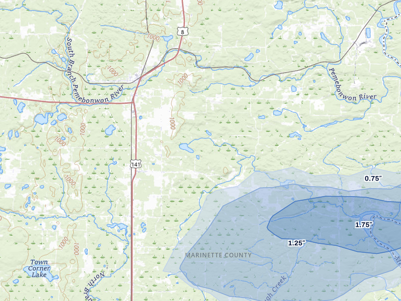 NEXRAD radar-signature map of the hail over Pembine, WI