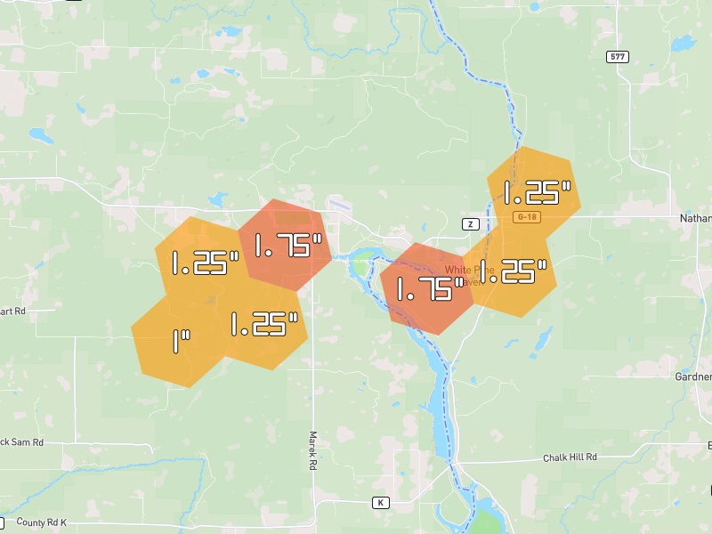 Hail map of Pembine, WI on Jun 29, 2026, hail up to 1.75"